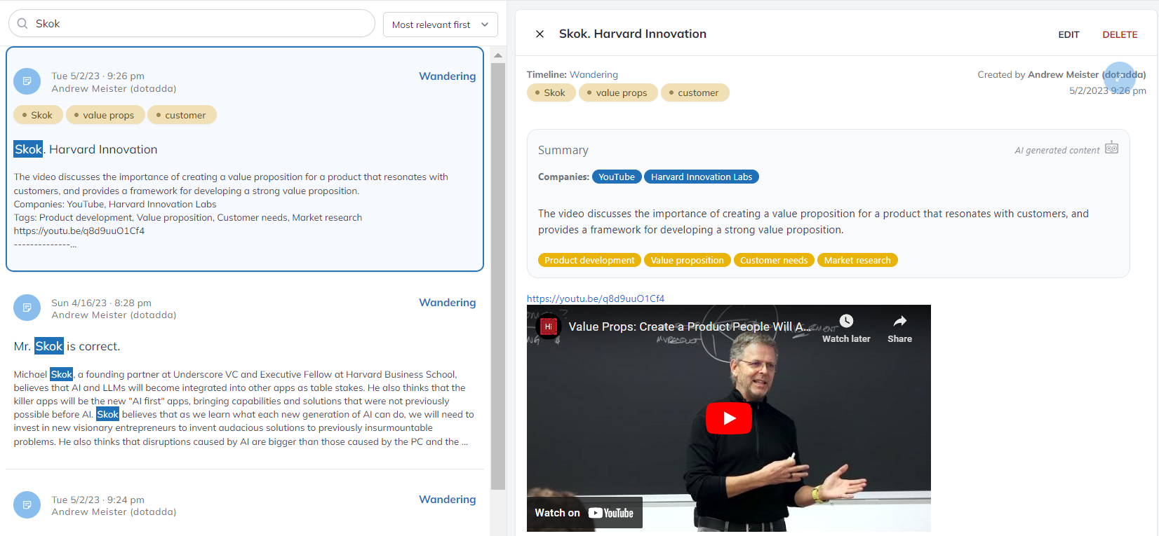 Search result is selected showing the dot details.